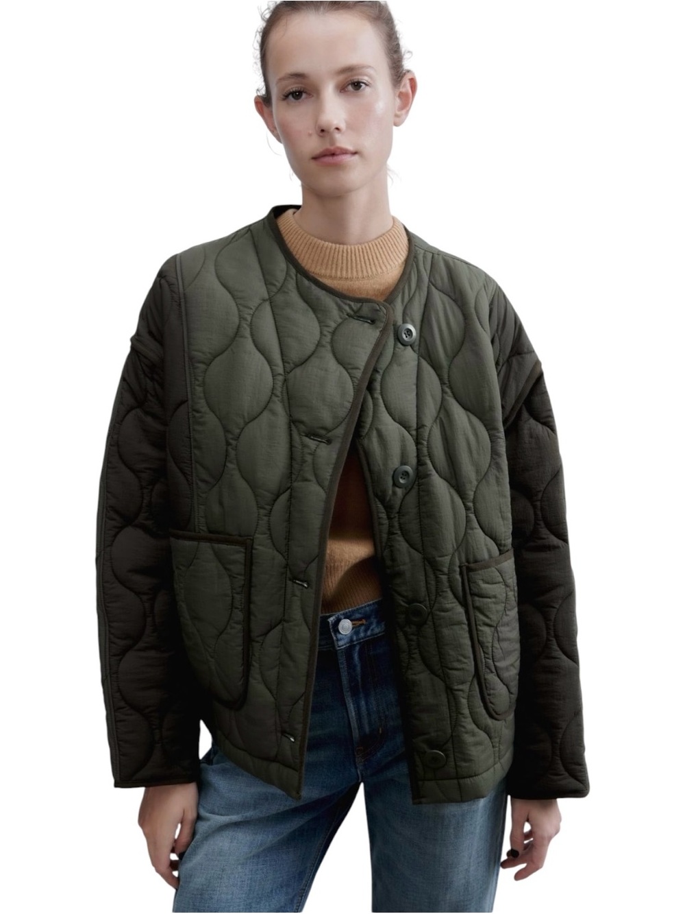 Zara Dark Olive Quilted Water-Repellent Jacket Liner L Lightweight Coat